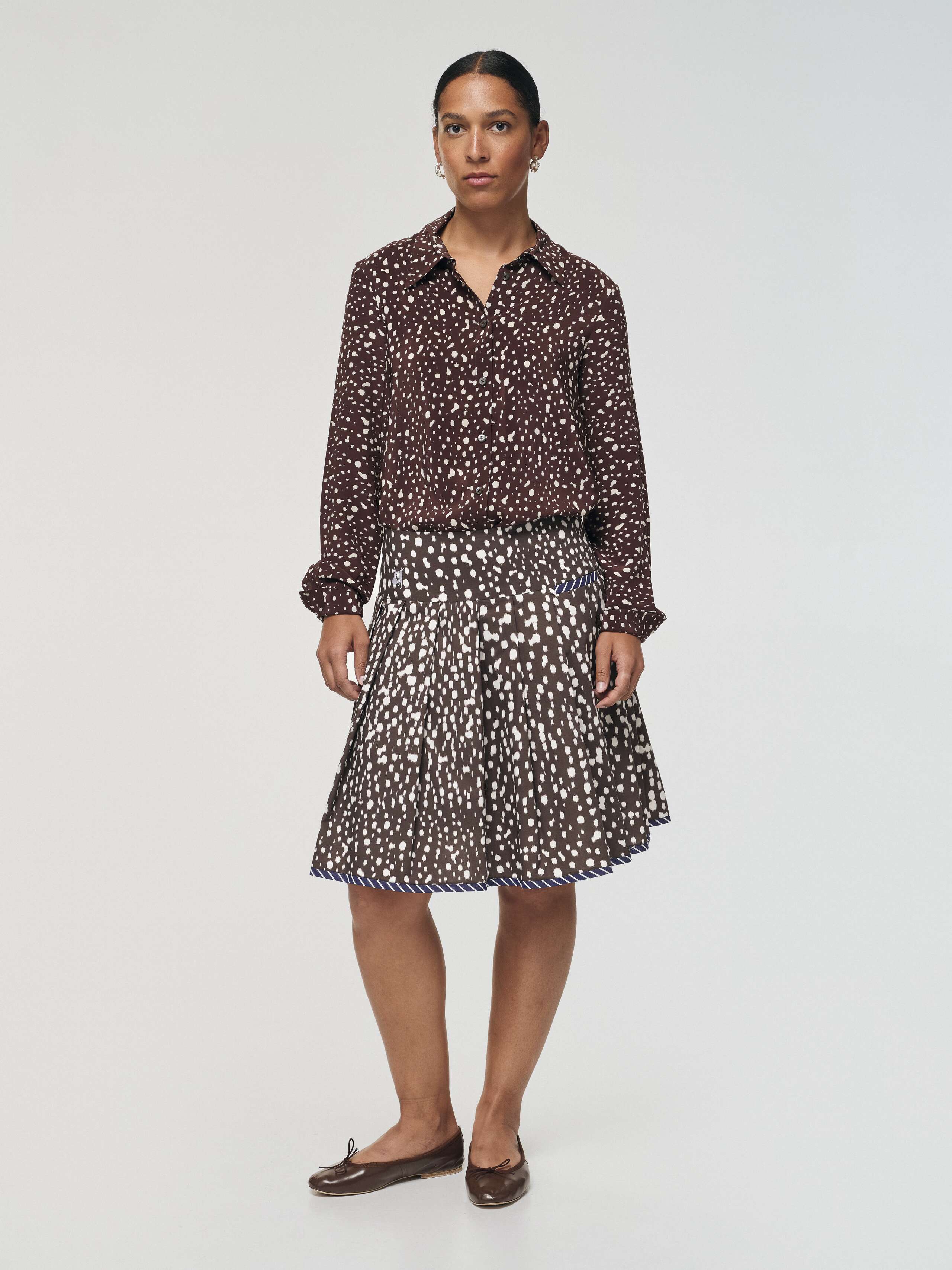 Front Shot of Pine Skirt in Bambi Dot Print 