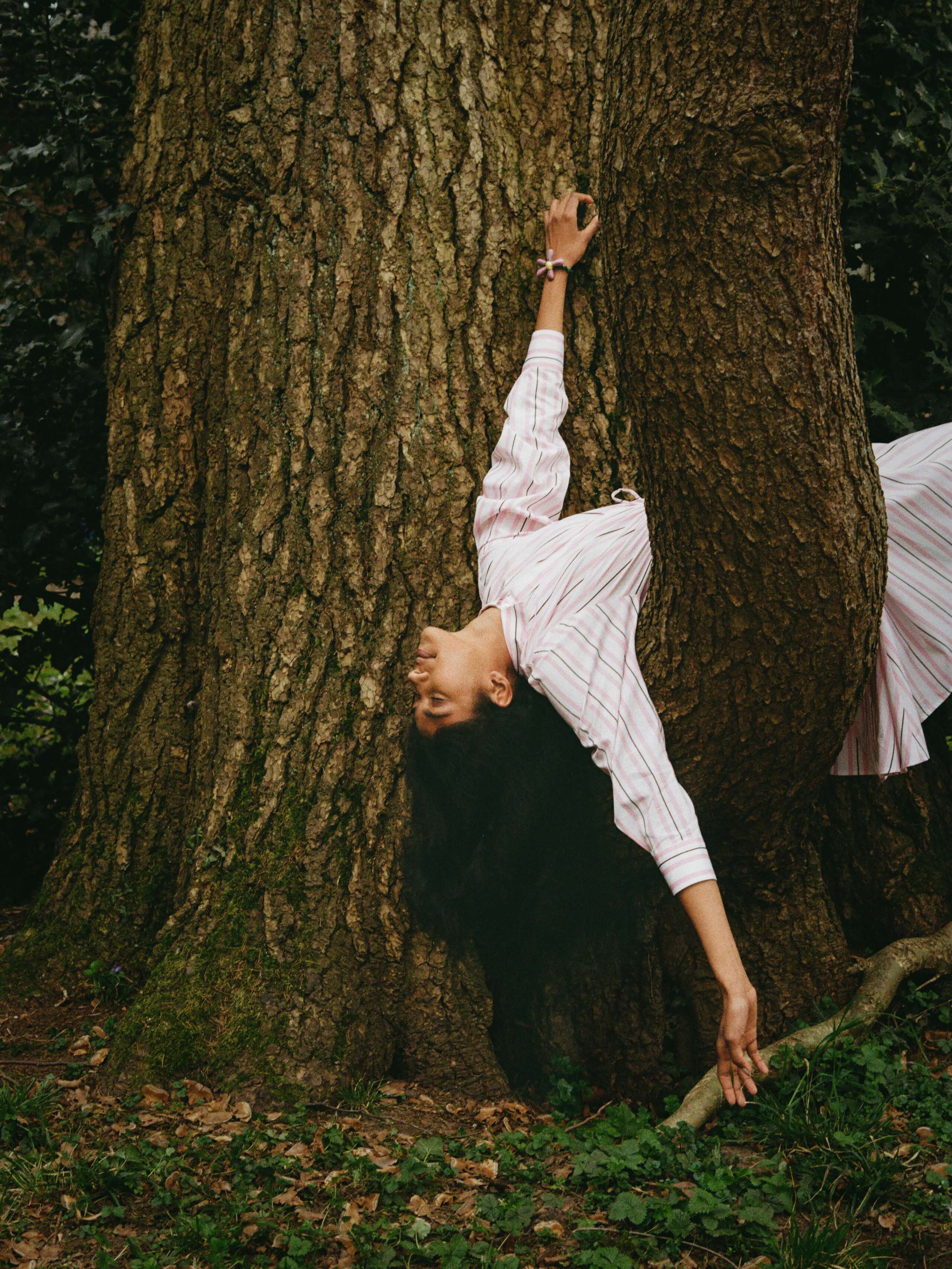 Picture of a young women sitting on a tree