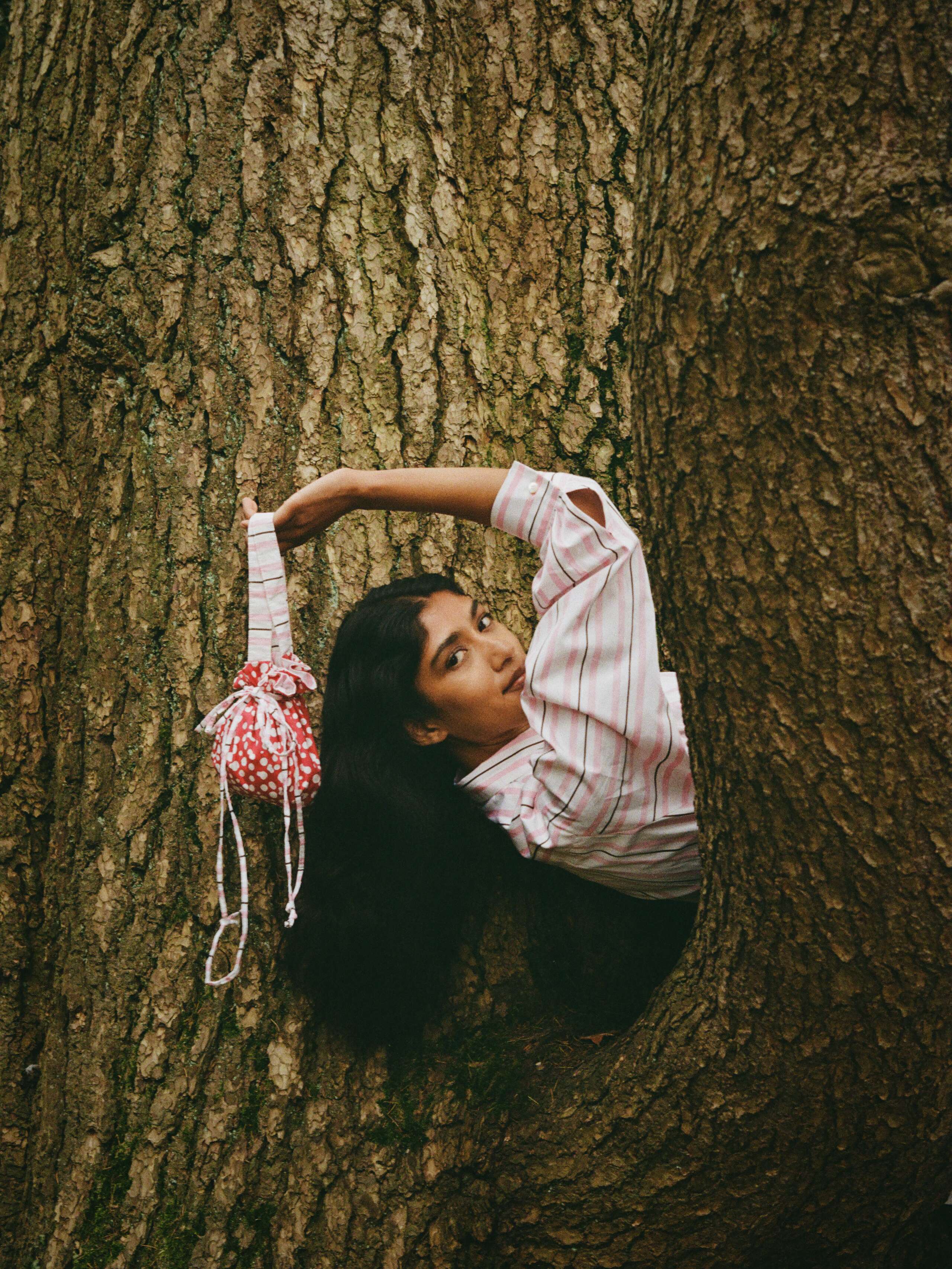 Picture of a young women sitting on a tree