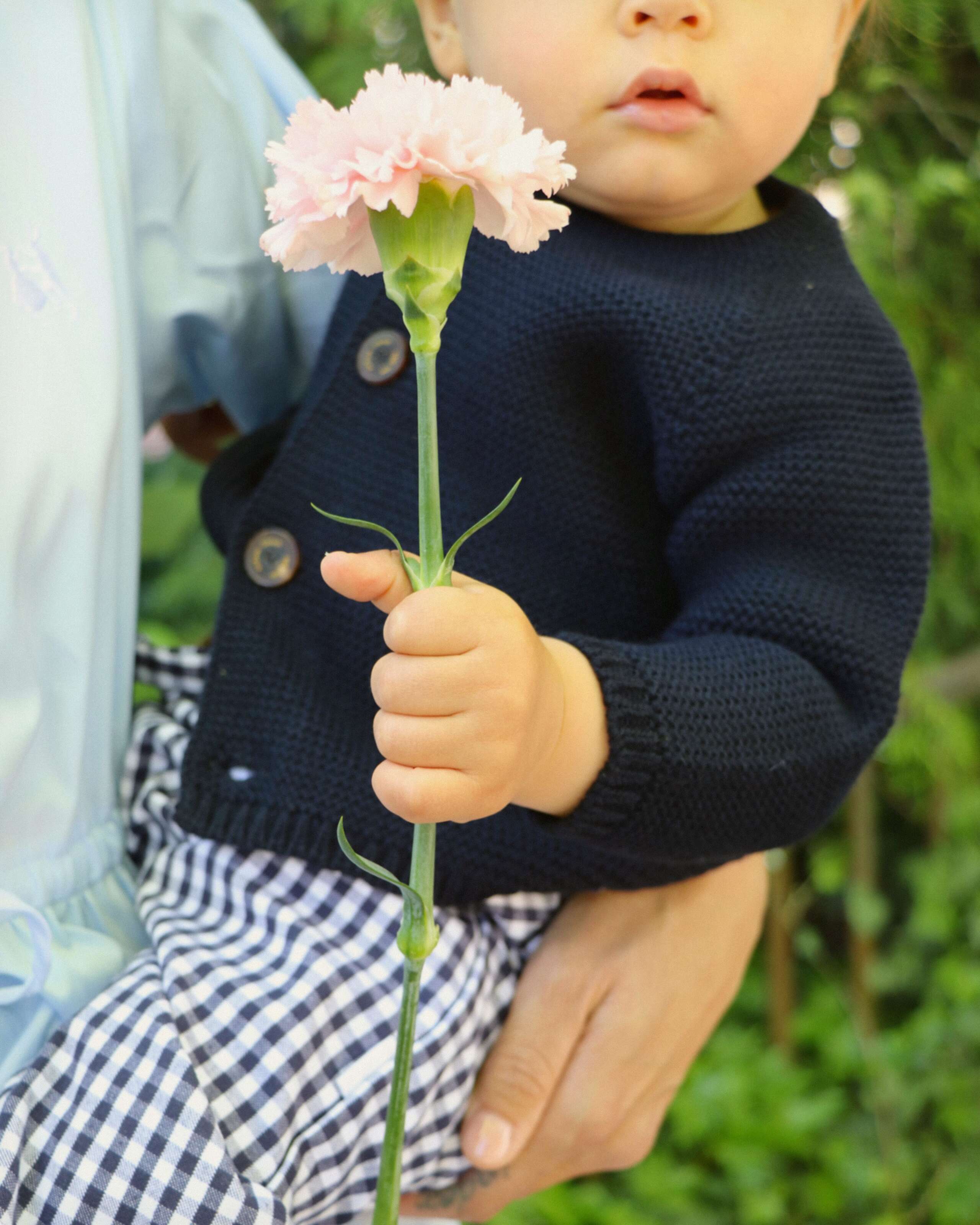 A small child is holding a flower