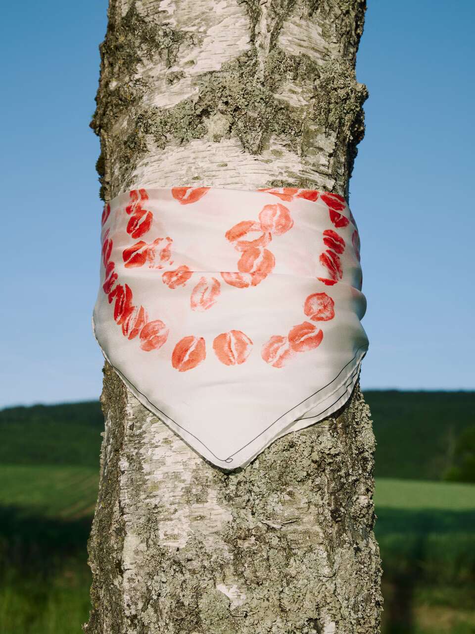 Picture of a foulard by artist Bruno Zhu for enSoie and SAALHOF 1123 hanging on a tree.