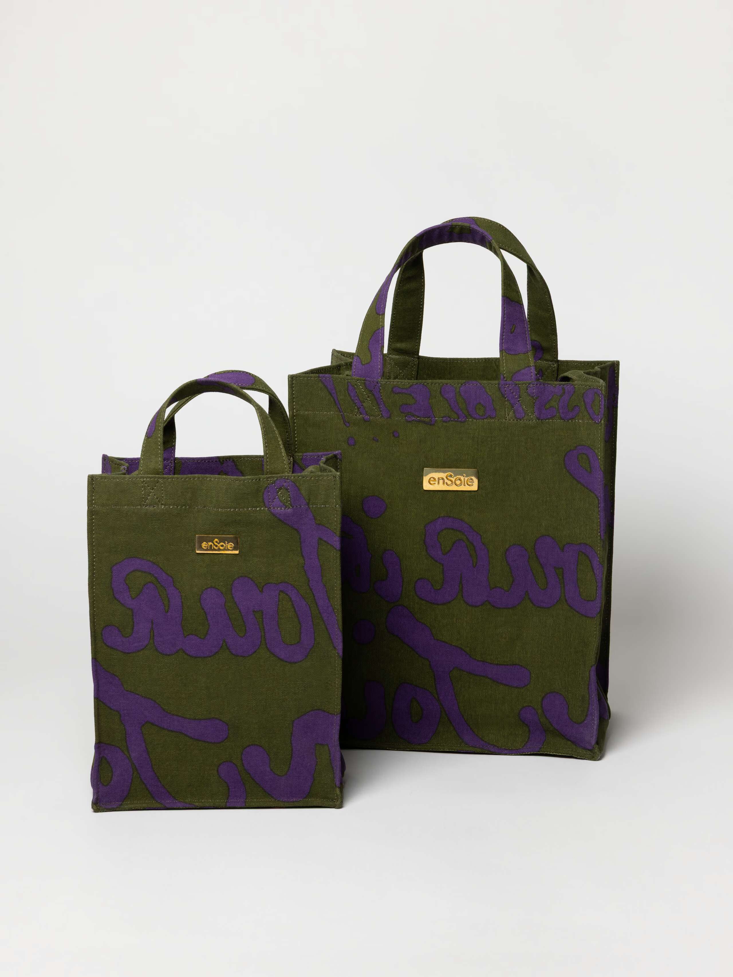 Product Shot of Cabas Bag (S & M) in Proverb Print in Olive / Purple