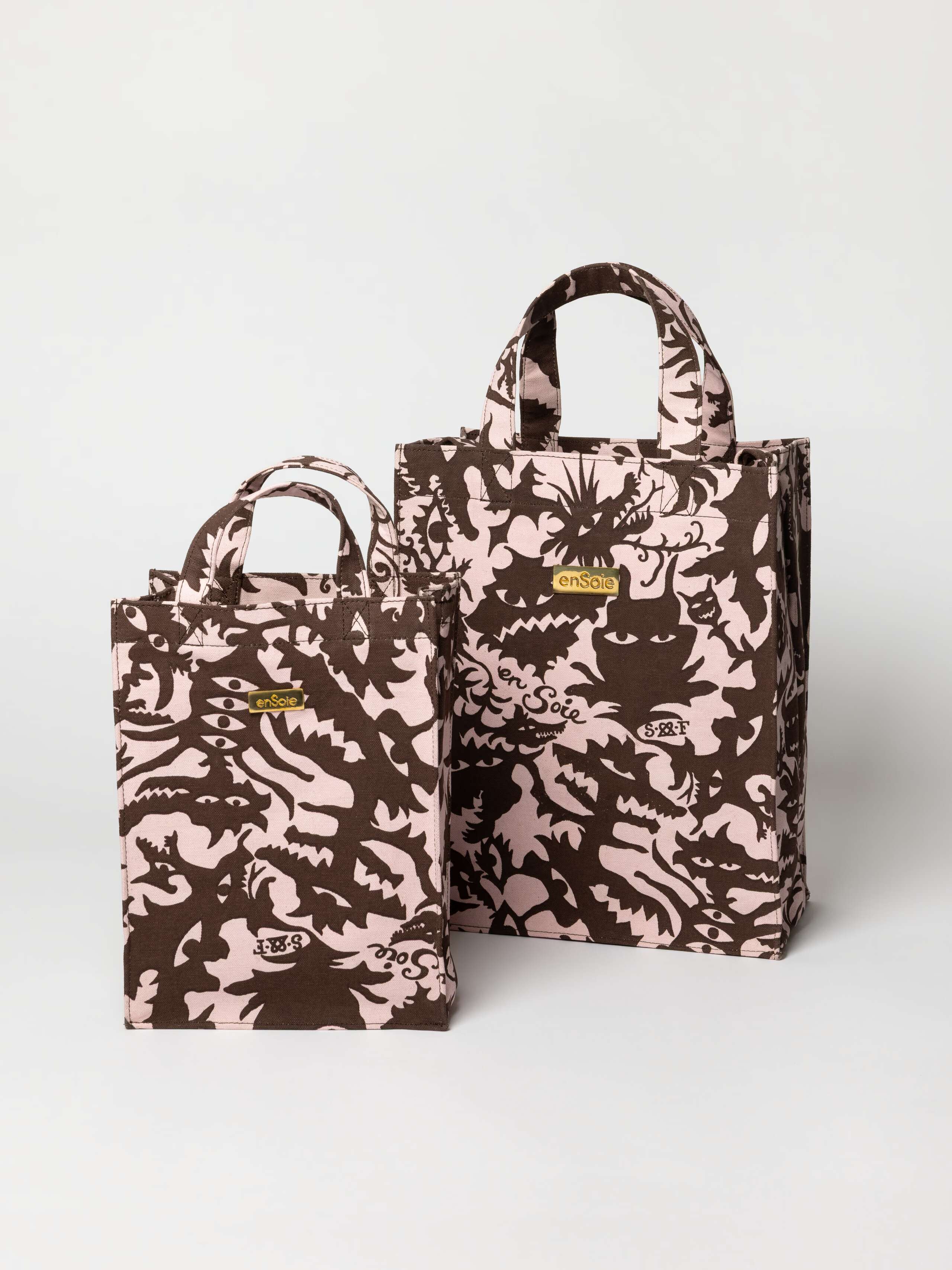 Product Shot of Cabas Bag (S & M) in Monster Print in Lt. Pink / Brown 
