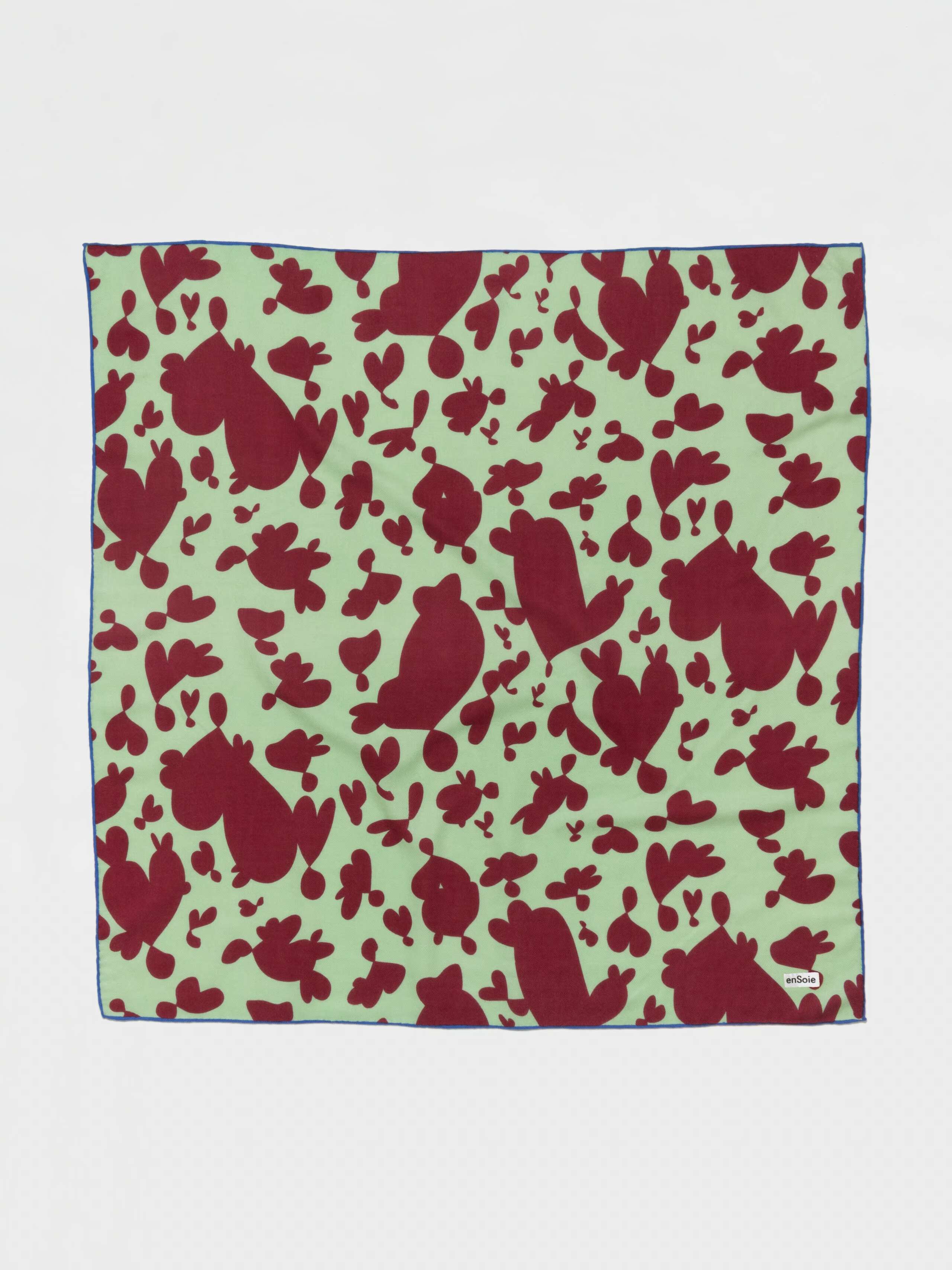 Inspired hearts print wool foulard in pistache, dark red with blue border
