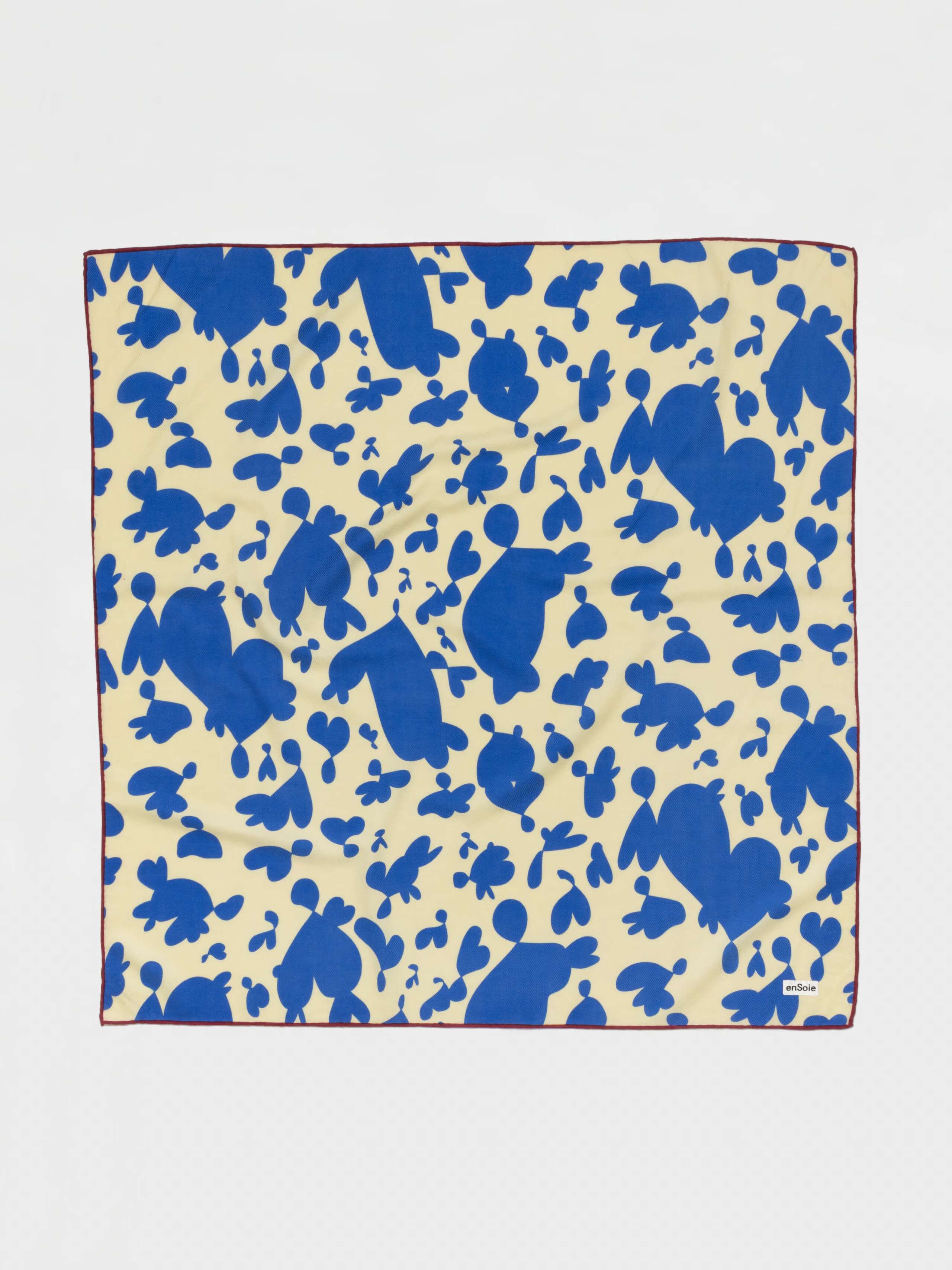 Inspired hearts print wool foulard in yellow, light blue with dark red border