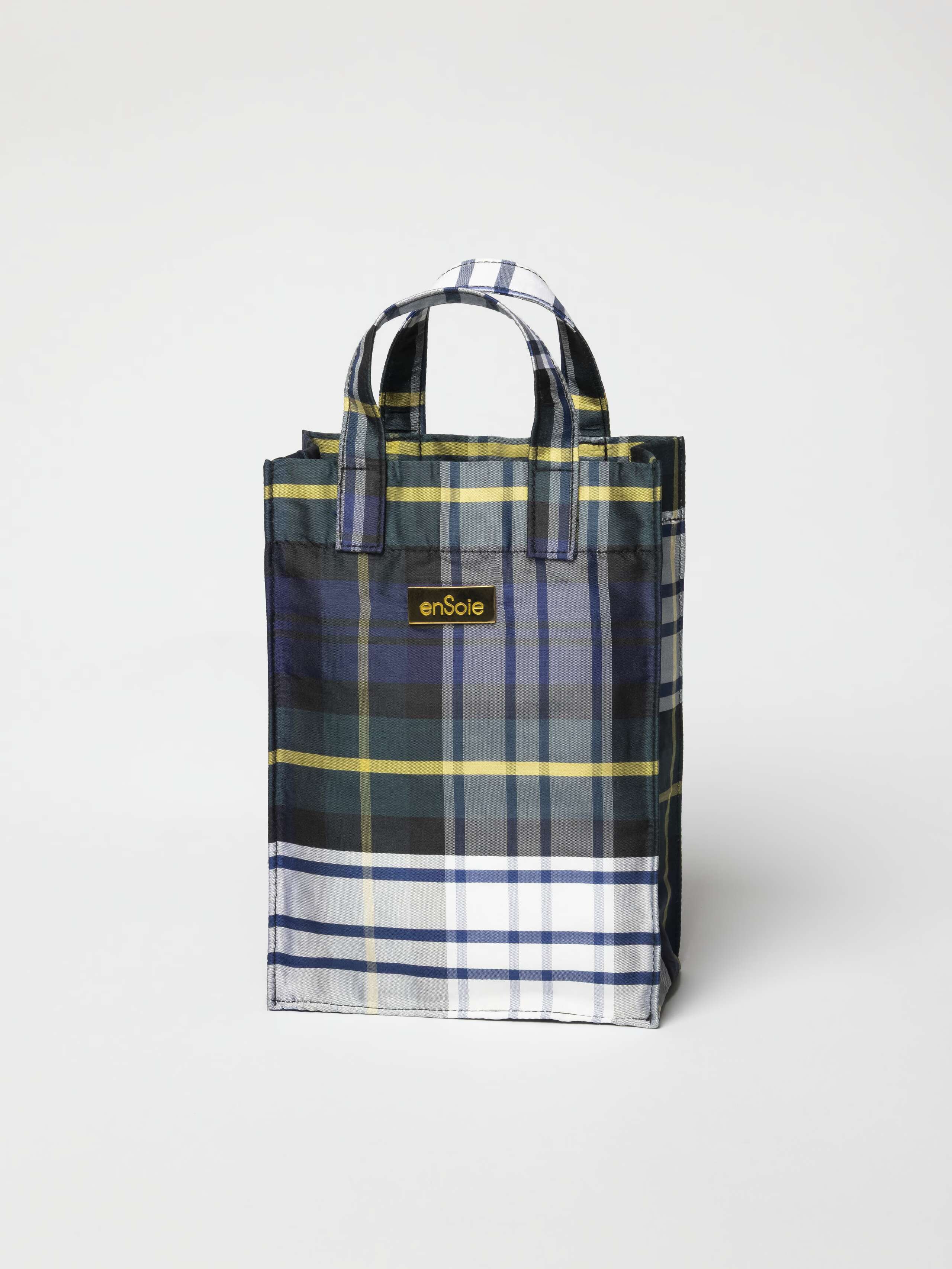 Cabas micro bag in doupion silk, woodpecker check