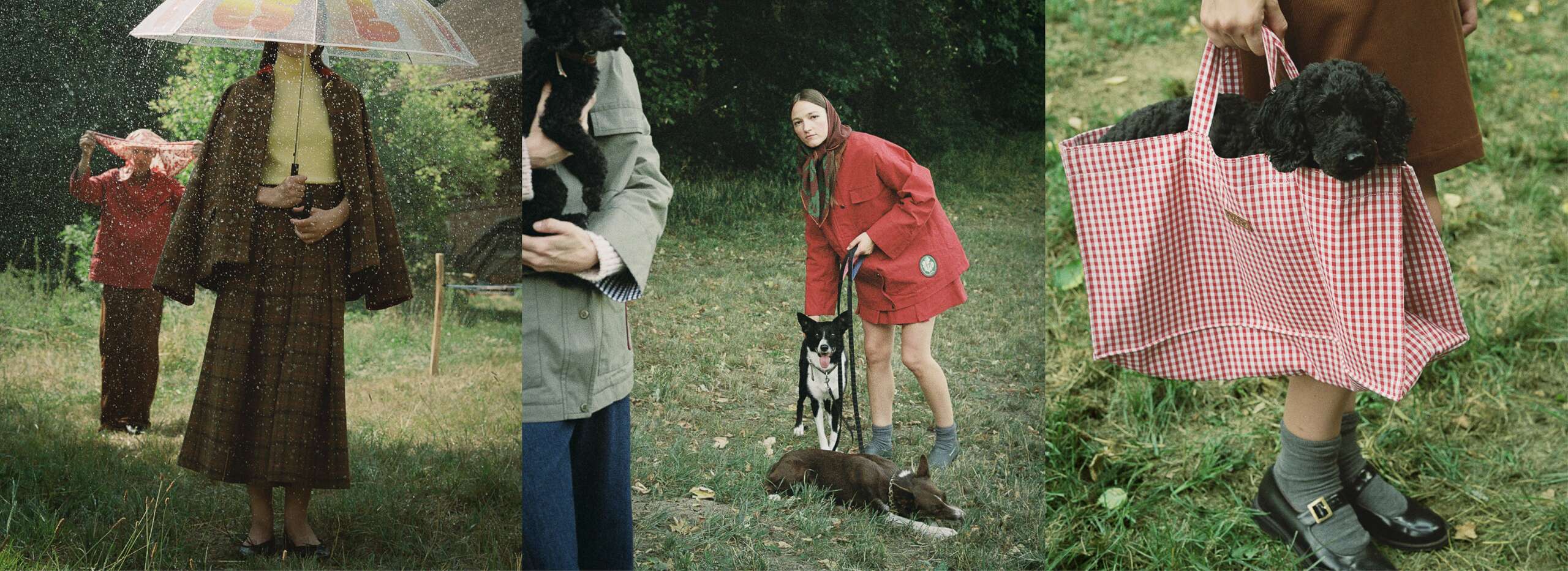 Autumn Winter Collection 2026 – Three pictures of a women and a man with their dogs. The couple is wearing pieces made from Harris Tweed, waxed cotton and wool.