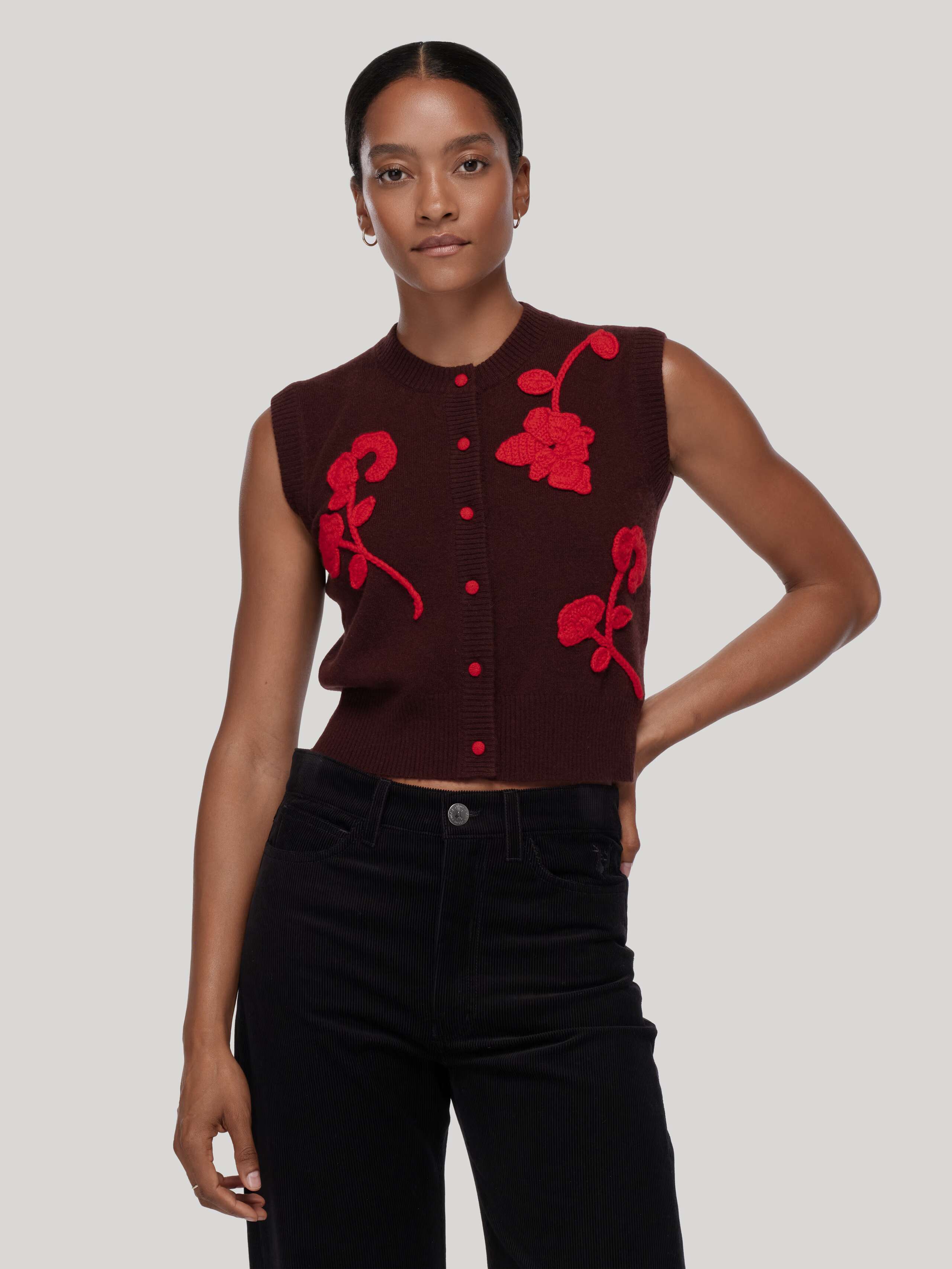 Flurina cashmere vest in brown with red crochet flowers and buttons