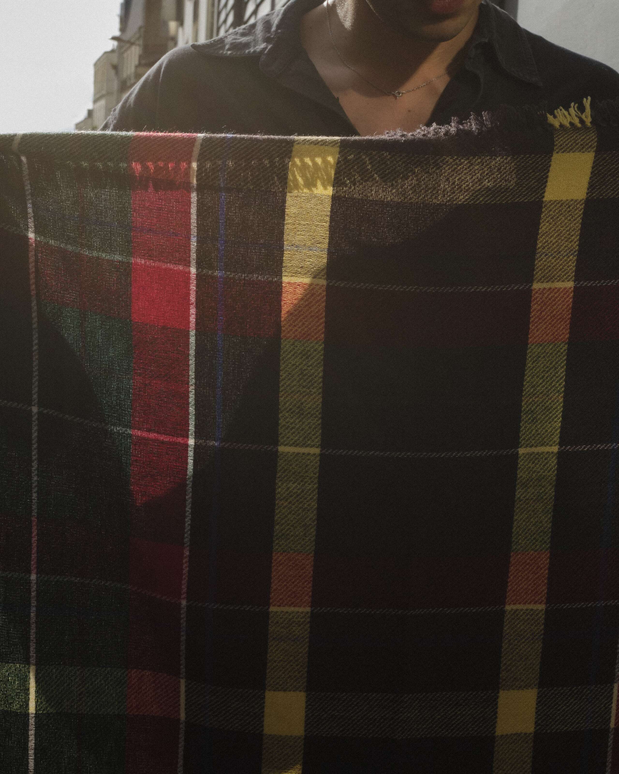 Picture of a man holding a cashmere stole.